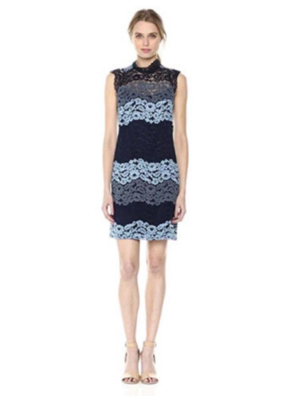 Laundry by Shelli Segal Blue Lace Mock Neck Short-sleeve Dress 8